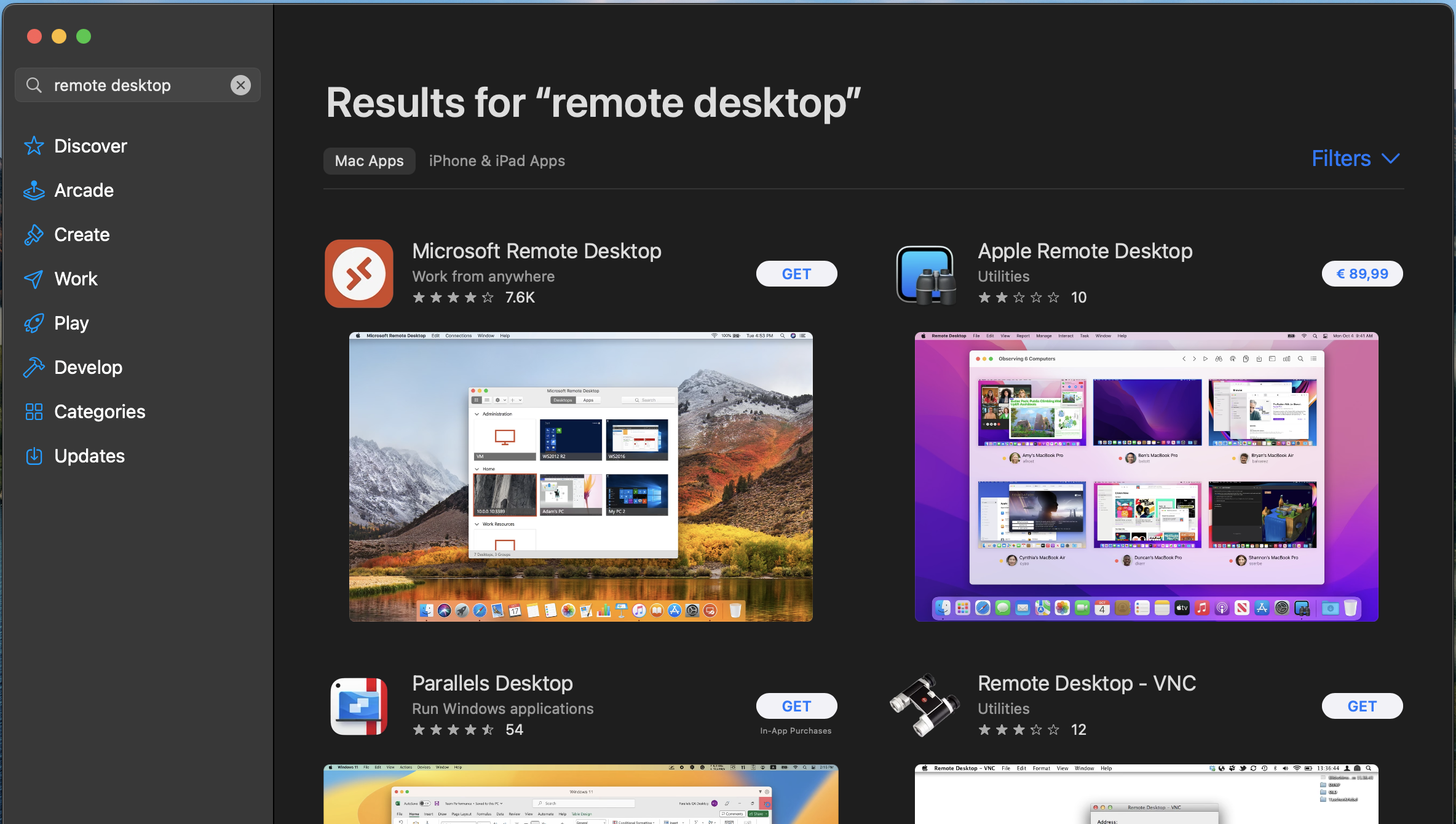 MacOS App Store - Search result for Microsoft Remote Desktop