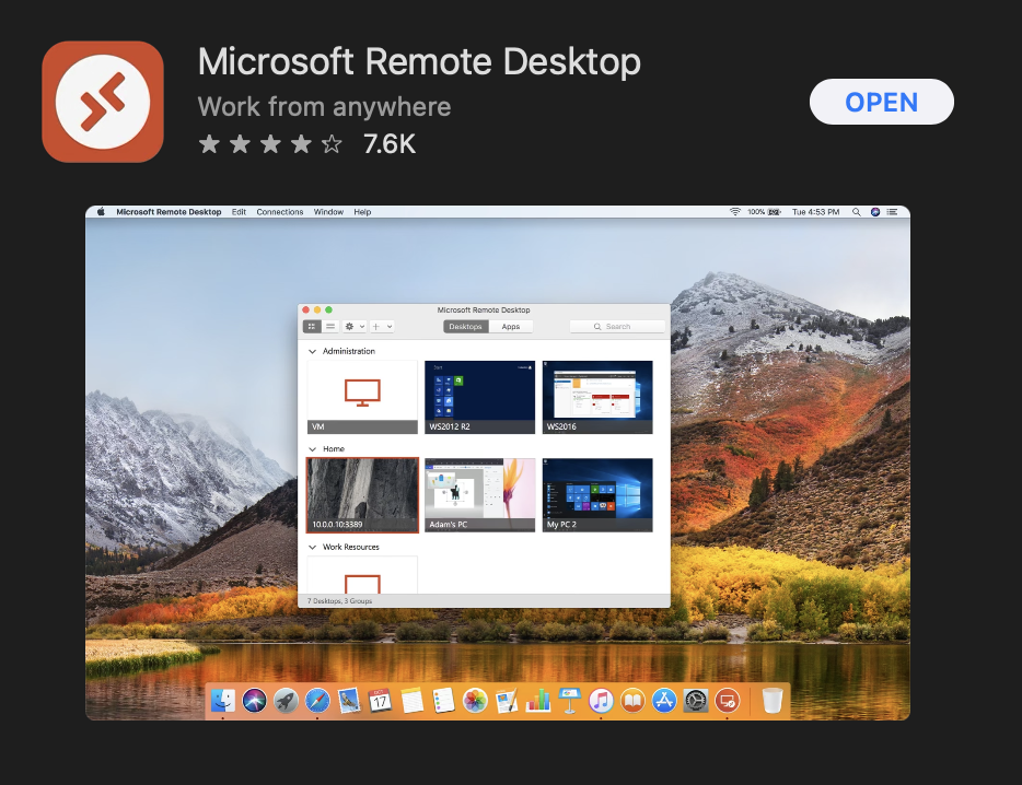 MacOS App Store - Showing Microsoft Remote Desktop has been installed and can open from there