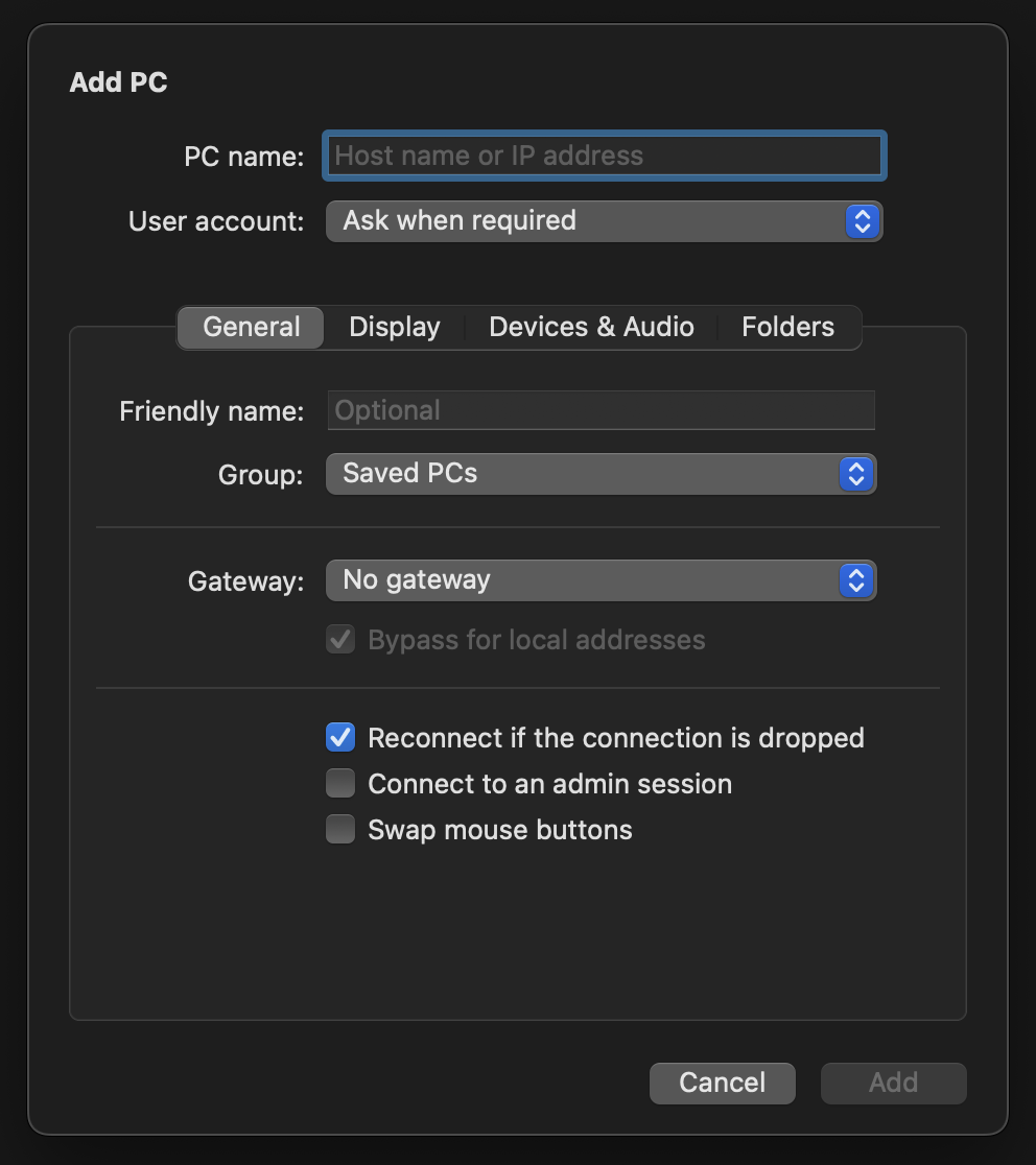 Microsoft Remote Desktop - Add in Server Details