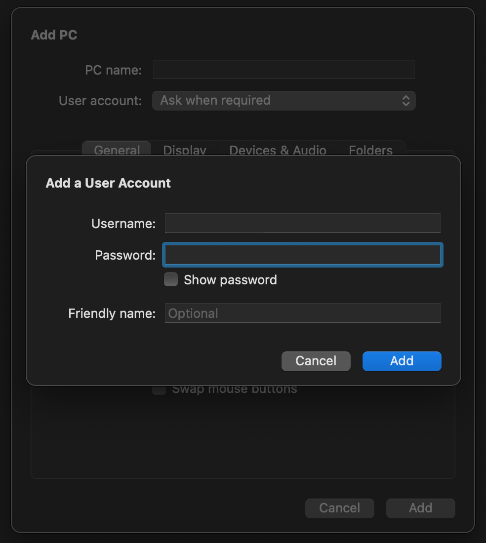 Microsoft Remote Desktop - Add User Account